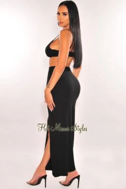 Evenul Just In Black Ribbed Spaghetti Straps Knotted Slit Skirt Two Piece Set