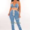 Athina Denim Padded Rope Wrap Around Ripped Pants Two Piece Set Just In