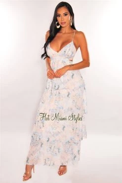 Vendor-unknown White Blue Print Spaghetti Straps Cut Out Layered Maxi Dress Just In
