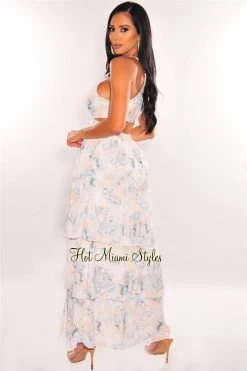 Vendor-unknown White Blue Print Spaghetti Straps Cut Out Layered Maxi Dress Just In