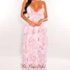 Vendor-unknown White Pink Print Spaghetti Straps Cut Out Layered Maxi Dress
