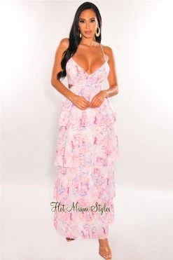 Vendor-unknown White Pink Print Spaghetti Straps Cut Out Layered Maxi Dress