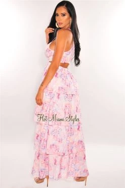 Vendor-unknown White Pink Print Spaghetti Straps Cut Out Layered Maxi Dress