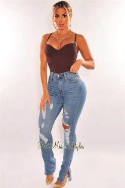 Vendor-unknown Blue Denim Distressed Slit Hem Jeans
