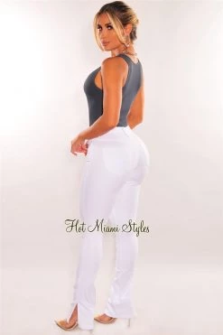 Vendor-unknown White Denim Distressed Slit Hem Jeans Just In