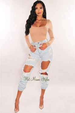 Vendor-unknown Just In Light Denim Ripped Loose Fit High Waist Joggers Jeans