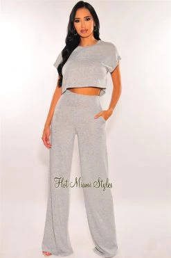 Sole Mio (set) Gray Marl Short Sleeve Palazzo Two Piece Set Just In