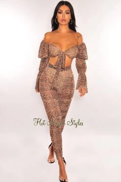 GOODTIME USA Leopard Mesh Off Shoulder Tie Up Ruched Scrunch Butt Pants Two Piece Set Just In