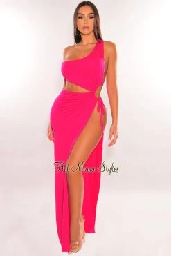 SPRING HAZE Fuchsia One Shoulder Cut Out Drawstring Keyhole Slit Maxi Dress