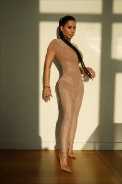 Cherie Nude Mesh Illusion Mock Neck Short Sleeve Jumpsuit