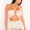 EDIT BY NINE... Taupe Halter Linen Drawstring Keyhole Crop Top