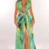 Banjul Green Tropical Print Plunge Studded Maxi Skirt Two Piece Set