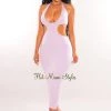 HER SHE Lilac Halter V Neck Cut Out Open Back Ruched Midi Dress