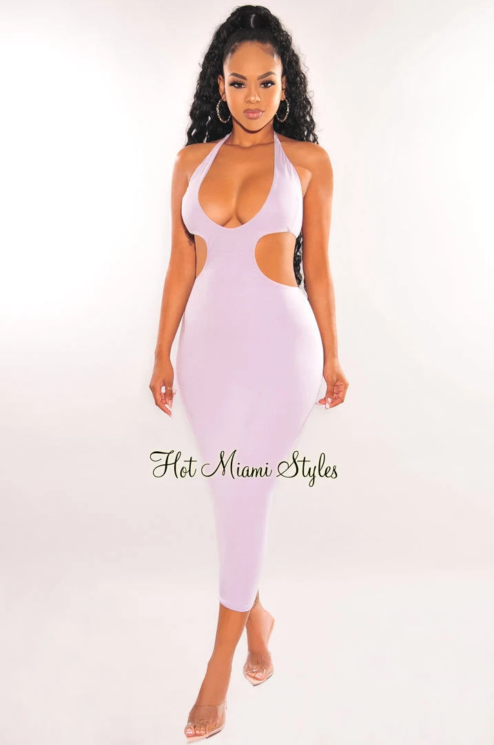 HER SHE Lilac Halter V Neck Cut Out Open Back Ruched Midi Dress