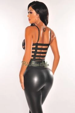 Hot & Delicious Black Shimmery Spaghetti Straps Underwire Cut Out Bustier Crop Top Just In