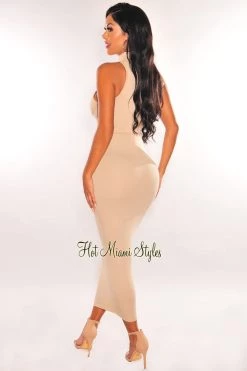 GOODTIME USA Just In Taupe Mock Neck Ribbed Sleeveless Midi Dress