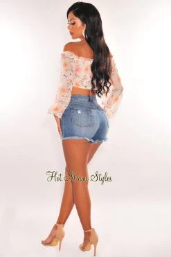 Privy Just In White Floral Print Off Shoulder Long Sleeve Crop Top