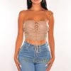 Hot & Delicious Taupe Faux Leather Boned Lace Up Bustier Top