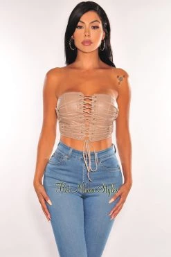 Hot & Delicious Taupe Faux Leather Boned Lace Up Bustier Top