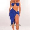 Vendor-unknown Royal Blue Gold Ring Halter Knotted Slit Skirt Two Piece Set
