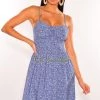 Vendor-unknown Blue Floral Print Spaghetti Straps Smocked Ruffle Dress Just In
