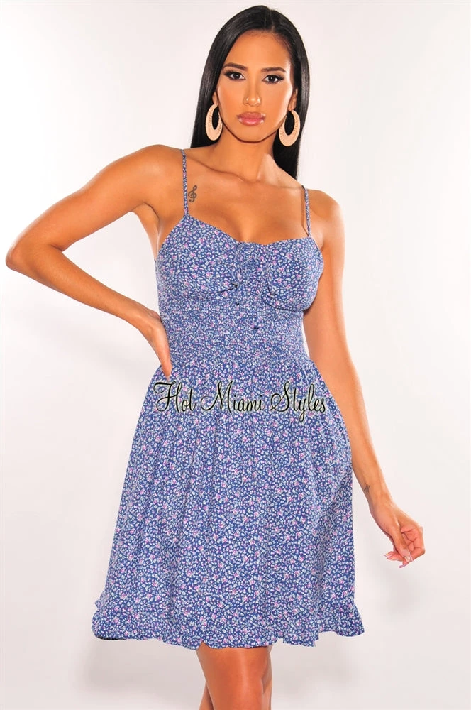 Vendor-unknown Blue Floral Print Spaghetti Straps Smocked Ruffle Dress Just In