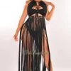 LOVESENSE Black Halter Crochet Knit Fringe Open Back Tie Up Cover Up
