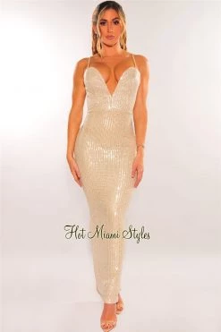 ARK & Co Champagne Silver Sequins Spaghetti Strap Sweetheart Maxi Dress Just In
