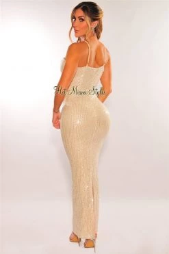 ARK & Co Champagne Silver Sequins Spaghetti Strap Sweetheart Maxi Dress Just In