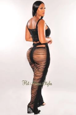 No 1 Black Sleeveless Ladder Cut Fringe Pants Two Piece Set