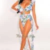 Vendor-unknown Palm Print Padded Ruffle Bikini Double Slit Skirt Three Piece Set Just In