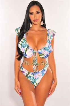 Vendor-unknown Palm Print Padded Ruffle Bikini Double Slit Skirt Three Piece Set Just In