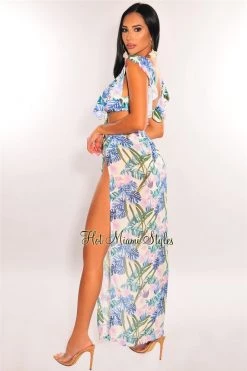 Vendor-unknown Palm Print Padded Ruffle Bikini Double Slit Skirt Three Piece Set Just In