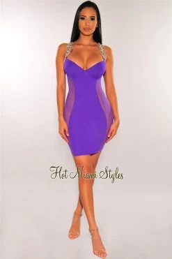 Elan International Just In Electric Purple Mesh Rhinestones Jeweled Straps Underwire Bustier Dress