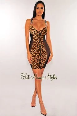 Elan International Leopard Mesh Rhinestones Jeweled Straps Underwire Bustier Dress
