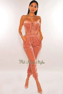 Sole Mio (set) Blush Velour Lace Up Boned High Waist Joggers Two Piece Set