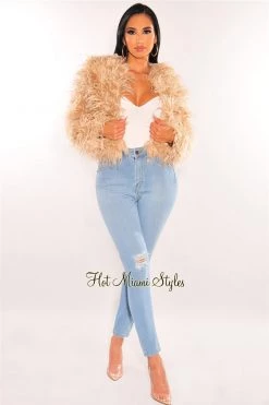 Vendor-unknown Mocha Faux Feather Long Sleeve Cropped Jacket Just In