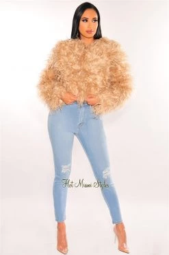 Vendor-unknown Mocha Faux Feather Long Sleeve Cropped Jacket Just In