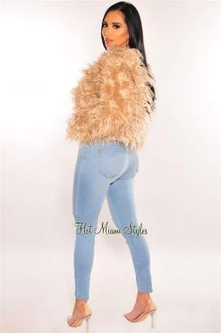 Vendor-unknown Mocha Faux Feather Long Sleeve Cropped Jacket Just In