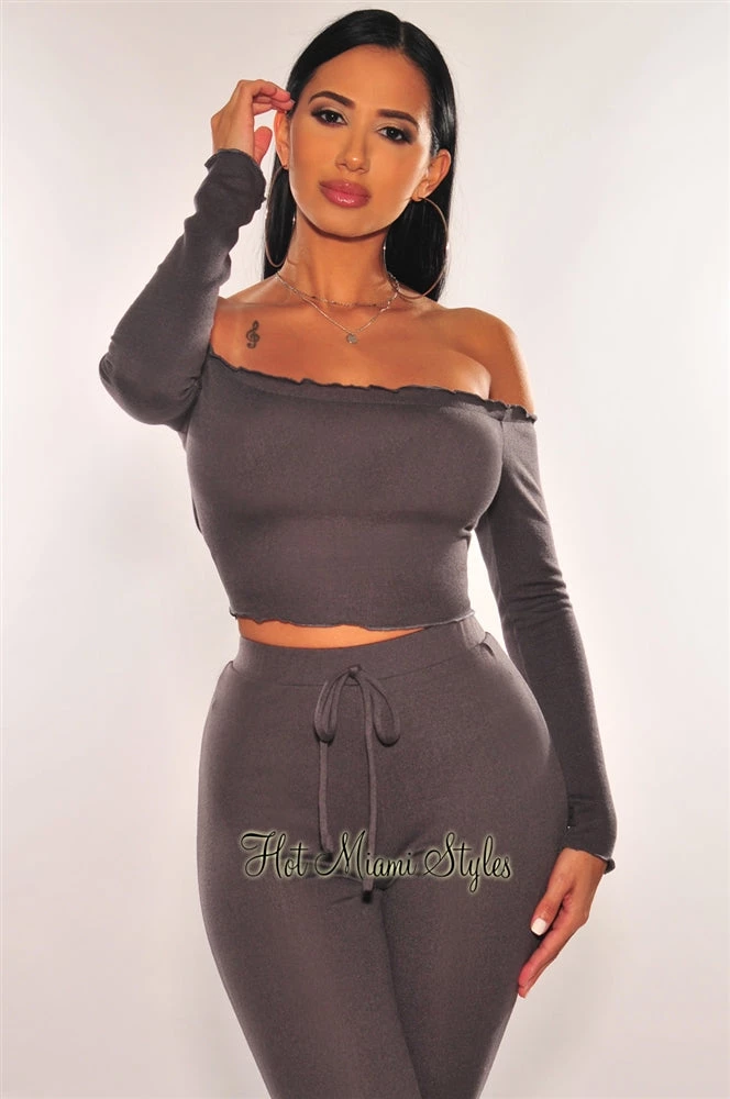Orange Shine Charcoal Off Shoulder Lettuce Trim Long Sleeves Crop Top Just In