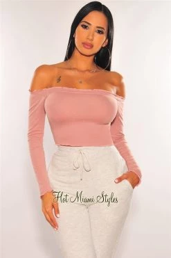 Orange Shine Rose Pink Off Shoulder Lettuce Trim Long Sleeves Crop Top Just In