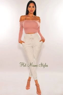 Orange Shine Rose Pink Off Shoulder Lettuce Trim Long Sleeves Crop Top Just In