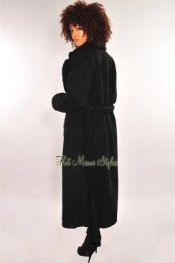 Vendor-unknown Just In Black Fuzzy Quilted Collar Belted Trench Coat