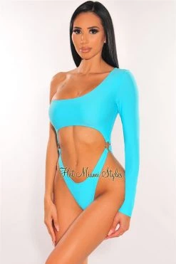 Vendor-unknown Just In Aqua One Sleeve Cut Out O-Ring High Cut Swimsuit