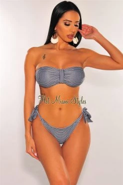 Vendor-unknown Black Gingham Checker Tie Up Sides Scrunch Butt Bikini