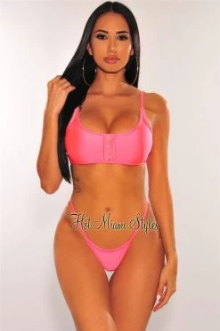 Vendor-unknown Neon Coral Glistening Button String Bikini