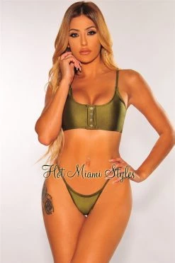 Vendor-unknown Olive Glistening Button String Bikini Just In