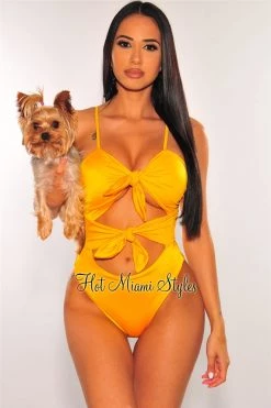 Vendor-unknown Canary Yellow Double Tie Up Cut Out Swimsuit Just In