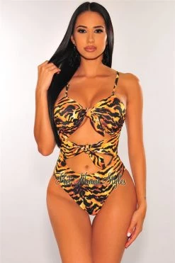 Vendor-unknown Just In Tiger Print Double Tie Up Cut Out Swimsuit