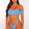 Vendor-unknown Just In Iced Blue Textured Zipper Off Shoulder Bikini